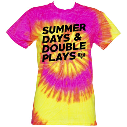 The DSG Apparel Summer Days T-Shirt features a pink, yellow, and orange tie-dye design in a classic fit with bold black "SUMMER DAYS & DOUBLE PLAYS" text and a small DSG logo. Made from soft, pre-shrunk cotton for comfort.