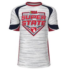 The DSG Apparel NSA Michigan Super State Sublimated Slowpitch Tournament Shirt is a white, short-sleeve crew neck with navy and red accents, moisture-wicking fabric, a large "NSA SUPER STATE" logo, and a small Michigan map on the front.