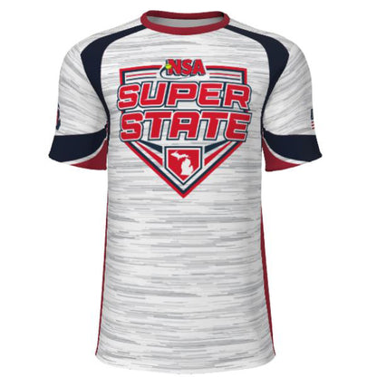 The DSG Apparel NSA Michigan Super State Sublimated Slowpitch Tournament Shirt is a white, short-sleeve crew neck with navy and red accents, moisture-wicking fabric, a large "NSA SUPER STATE" logo, and a small Michigan map on the front.
