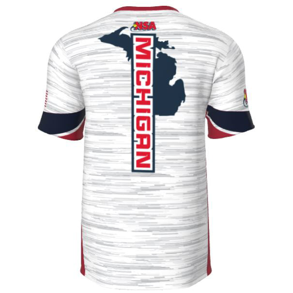 Back of a DSG Apparel NSA Michigan Super State Sublimated Slowpitch Tournament Shirt in white, with blue/red accents, blue Michigan silhouette, bold red "MICHIGAN" down the back, and NSA printed at the top.