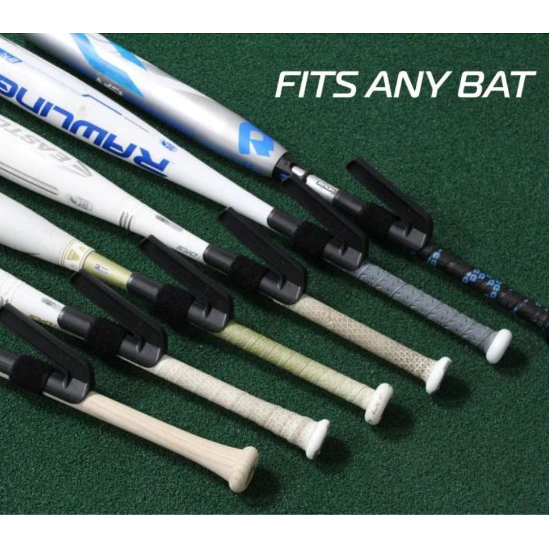 Multiple baseball bats with different grips are lined up on green turf, each featuring a SWINGRAIL Baseball & Softball Swing Trainer by SWINGRAIL near the handle. Text on the image reads: “FITS ANY BAT.”.