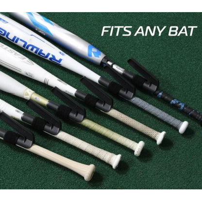 Multiple baseball bats with different grips are lined up on green turf, each featuring a SWINGRAIL Baseball & Softball Swing Trainer by SWINGRAIL near the handle. Text on the image reads: “FITS ANY BAT.”.