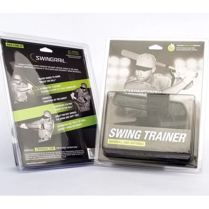 Two packaged SwingRail Baseball & Softball Swing Trainers by SWINGRAIL stand side by side, with packaging featuring players and emphasizing how the trainer can boost bat speed and improve batting skills.