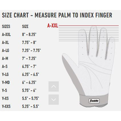 The Franklin CFX Pro Adult Batting Gloves: 205 size chart features hand measurements from palm to fingertip, sizes A-XXL (8”-8.25”) to Y-XXS (5.25”-5.5”), with an illustrated guide—perfect for these sheepskin leather gloves.