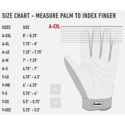The Franklin CFX Pro Adult Batting Gloves: 205 size chart features hand measurements from palm to fingertip, sizes A-XXL (8”-8.25”) to Y-XXS (5.25”-5.5”), with an illustrated guide—perfect for these sheepskin leather gloves.