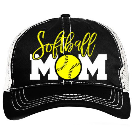 The Pacific Headwear Softball Mom Vintage Trucker Snapback Hat (V67BW) is a black unstructured mesh cap with white stitching and "Softball MOM" on the front, featuring a yellow softball graphic as the O. Adjustable snapback design for comfort and style.