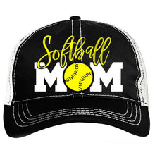 The Pacific Headwear Softball Mom Vintage Trucker Snapback Hat (V67BW) is a black unstructured mesh cap with white stitching and "Softball MOM" on the front, featuring a yellow softball graphic as the O. Adjustable snapback design for comfort and style.