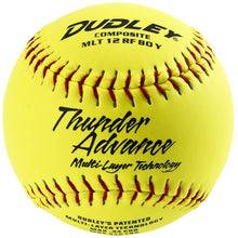 The Dudley Non-Association Thunder Advance 12" 44/375 Composite Slowpitch Softball (43184Y) features a yellow cover, red stitching, black brand and model text, and Multi-Layer Technology for elite performance in non-association play.