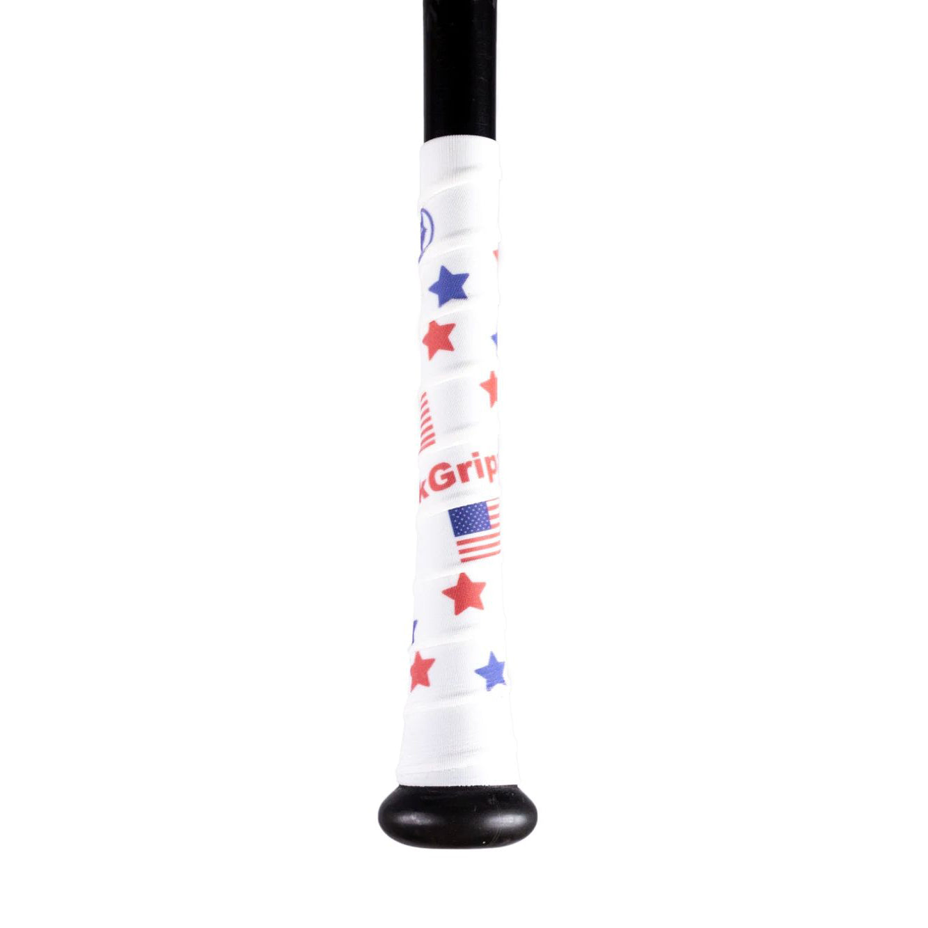 The VukGripz Bat Grip Tape by VukGripz features red and blue stars, small American flags, "Grip" text, and a black knob for added control—perfect for an optimum grip.