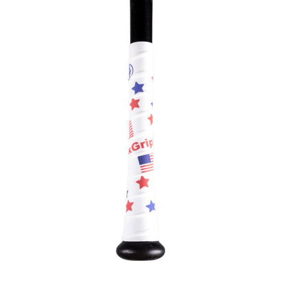 The VukGripz Bat Grip Tape by VukGripz features red and blue stars, small American flags, "Grip" text, and a black knob for added control—perfect for an optimum grip.