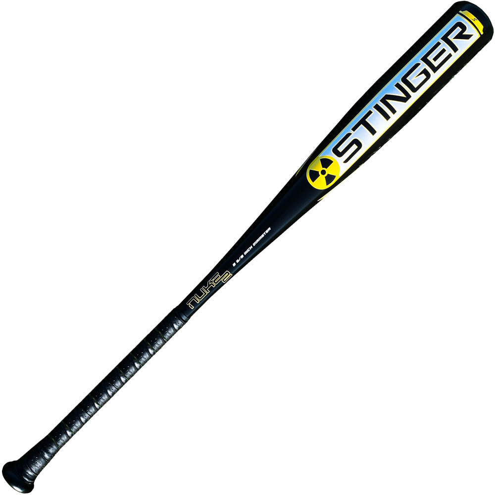 The 2022 Stinger NUKE 2 (-3) BBCOR Baseball Bat by Stinger Sports is black with "STINGER" in yellow near the barrel, a yellow circular logo, textured grip on the handle, and features Power Loaded Barrel Technology for enhanced performance.
