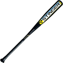 The 2022 Stinger NUKE 2 (-3) BBCOR Baseball Bat by Stinger Sports is black with "STINGER" in yellow near the barrel, a yellow circular logo, textured grip on the handle, and features Power Loaded Barrel Technology for enhanced performance.