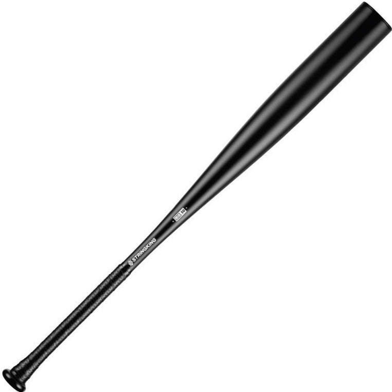 A 2022 StringKing Metal 2 Pro (-3) BBCOR Baseball Bat (SKMTL2PRBB) by StringKing, featuring a black finish, textured grip handle, and extended barrel, is displayed diagonally on a white background.