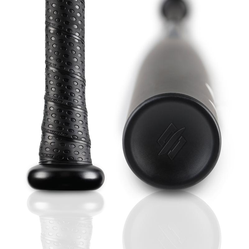 Close-up of the StringKing 2022 Metal 2 Pro (-3) BBCOR Baseball Bat (SKMTL2PRBB) handle and base, featuring a textured grip and embossed logo on the knob, set against a white, reflective background.