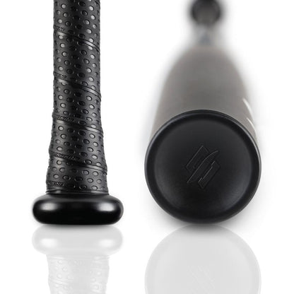 Close-up of the StringKing 2022 Metal 2 Pro (-3) BBCOR Baseball Bat (SKMTL2PRBB) handle and base, featuring a textured grip and embossed logo on the knob, set against a white, reflective background.