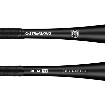 The 2020 StringKing Metal Pro USA Slowpitch Softball Bat (SKMTLPRSP) by StringKing is a black, aluminum bat measuring 34 in | 26 oz | 2⅝ in, USA Baseball certified—ideal for slowpitch softball or as an aluminum softball bat option.