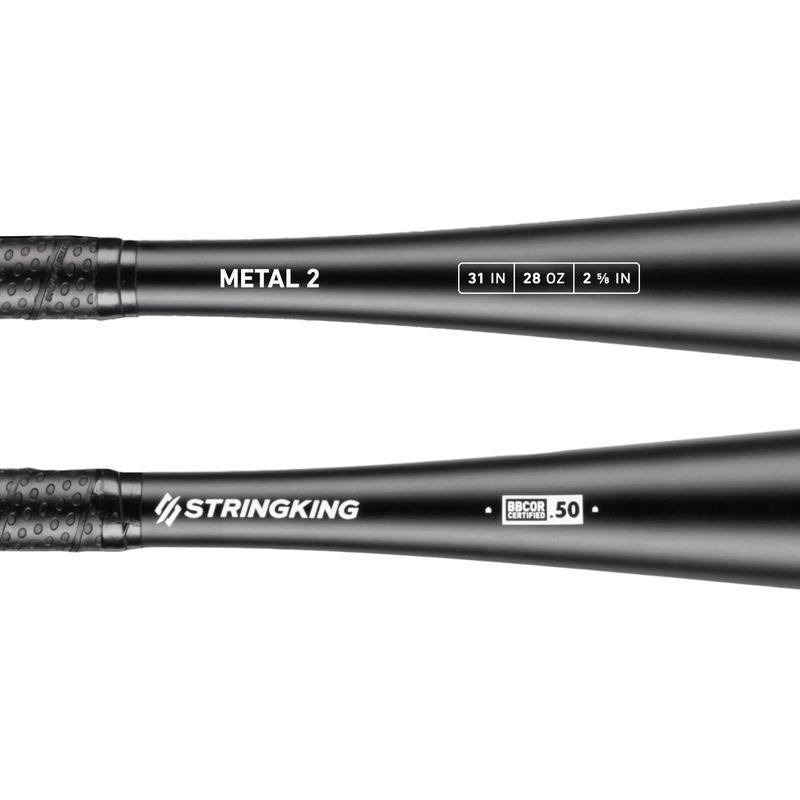 Close-up of two black StringKing bats. The 2022 StringKing Metal 2 (-3) BBCOR (SKMTL2BB) bat is 31" long, weighs 28 oz, has a 2 5/8" barrel, and features the BBCOR .50 certification stamp.