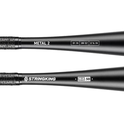 Close-up of two black StringKing bats. The 2022 StringKing Metal 2 (-3) BBCOR (SKMTL2BB) bat is 31" long, weighs 28 oz, has a 2 5/8" barrel, and features the BBCOR .50 certification stamp.
