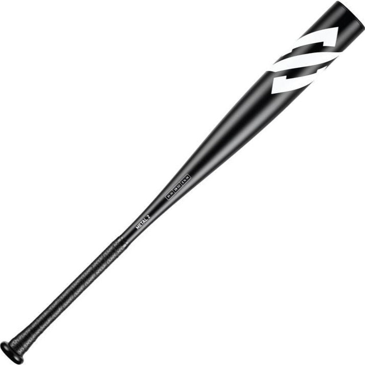 The 2022 StringKing Metal 2 (-3) BBCOR Baseball Bat by StringKing features a black premium alloy build, white logo, and extended barrel for optimal performance.