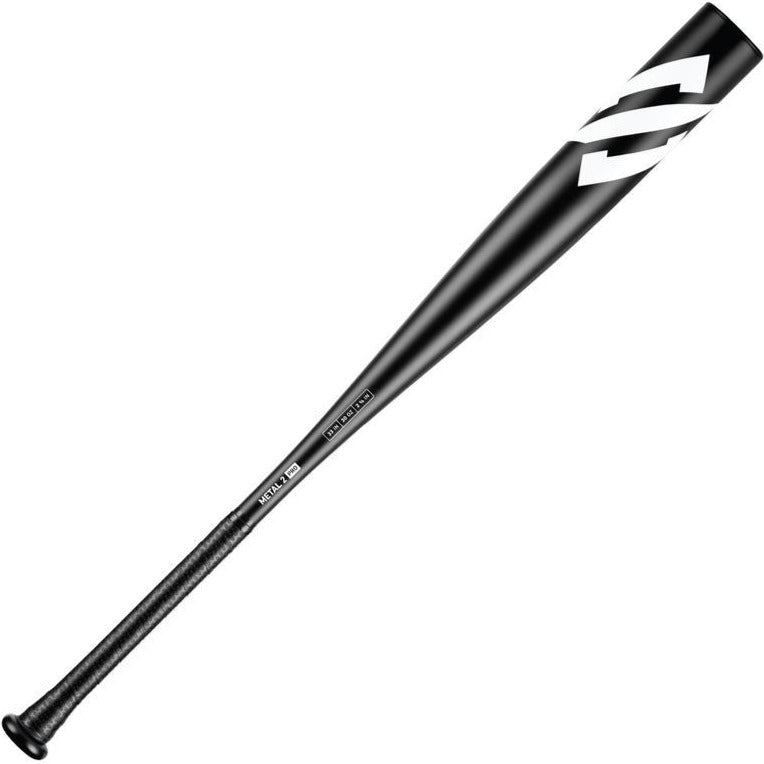 A StringKing 2022 Metal 2 Pro (-3) BBCOR Baseball Bat (SKMTL2PRBB), black with a textured grip and two white diagonal stripes near the extended barrel, shown against a white background.