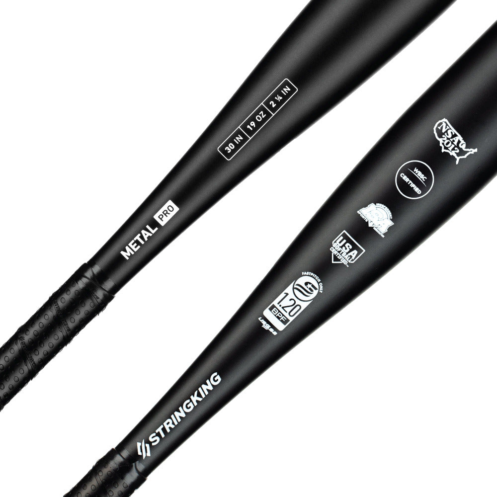 The 2022 StringKing Metal Pro (-11) Fastpitch Softball Bat (SKMTLPRFP11) features a black aluminum alloy build with white labeling, balanced swing weight, 31"/29oz specs, certification stamps, and suits all skill levels.