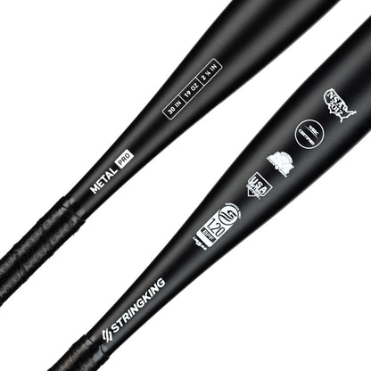The 2022 StringKing Metal Pro (-11) Fastpitch Softball Bat (SKMTLPRFP11) features a black aluminum alloy build with white labeling, balanced swing weight, 31"/29oz specs, certification stamps, and suits all skill levels.