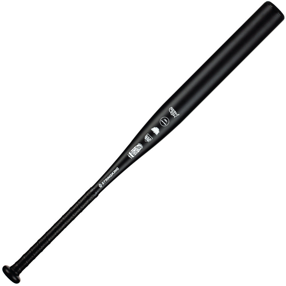 The 2022 StringKing Metal Pro (-11) Fastpitch Softball Bat is shown in black aluminum alloy with a textured grip and white logos on the barrel. Designed by StringKing, it offers balanced swing weight for fastpitch softball.