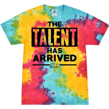 The DSG Apparel NSA Talent Has Arrived Tie Dye Short Sleeve Shirt is 100% cotton with yellow, blue, and red tie-dye, bold black "THE TALENT HAS ARRIVED" text, and the National Softball Association logo beneath "ARRIVED.