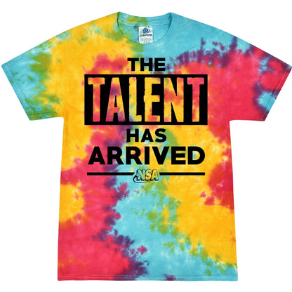The DSG Apparel NSA Talent Has Arrived Tie Dye Short Sleeve Shirt is 100% cotton with yellow, blue, and red tie-dye, bold black "THE TALENT HAS ARRIVED" text, and the National Softball Association logo beneath "ARRIVED.