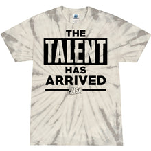 The DSG Apparel NSA Talent Has Arrived Tie Dye Short Sleeve Shirt features 100% cotton, a gray and white spiral pattern, bold black text "THE TALENT HAS ARRIVED," and a small NSA logo below the text.