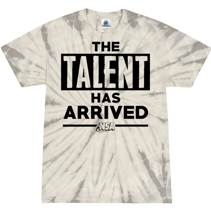 The DSG Apparel NSA Talent Has Arrived Tie Dye Short Sleeve Shirt features 100% cotton, a gray and white spiral pattern, bold black text "THE TALENT HAS ARRIVED," and a small NSA logo below the text.