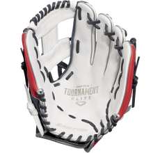A close-up of the Easton Tournament Elite 11.5" Baseball Glove: TEB115I shows black laces, red accents, and "Easton Tournament Elite" printed on the palm. The glove is open, revealing its interior.