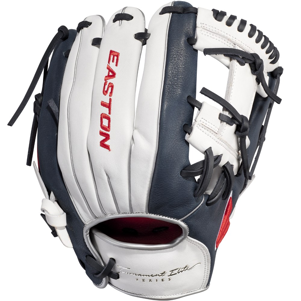 The Easton Tournament Elite 11.5" Baseball Glove (TEB115I) features navy blue and white leather, black laces, red EASTON branding on the back, and a classic infield design—ideal for any baseball player.