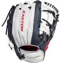 The Easton Tournament Elite 11.5" Baseball Glove (TEB115I) features navy blue and white leather, black laces, red EASTON branding on the back, and a classic infield design—ideal for any baseball player.