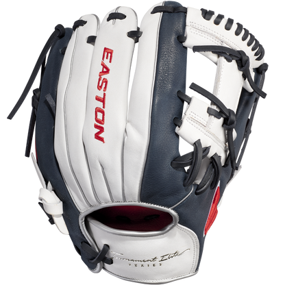 The Easton Tournament Elite 11.5" Baseball Glove (TEB115I) features navy blue and white leather, black laces, red EASTON branding on the back, and a classic infield design—ideal for any baseball player.