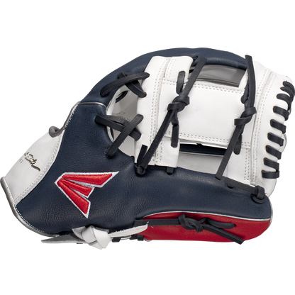 The Easton Tournament Elite 11.5" Baseball Glove: TEB115I features a navy blue, white, and red design with black laces and a red embroidered logo, shown against a plain light background. Brand: Easton.