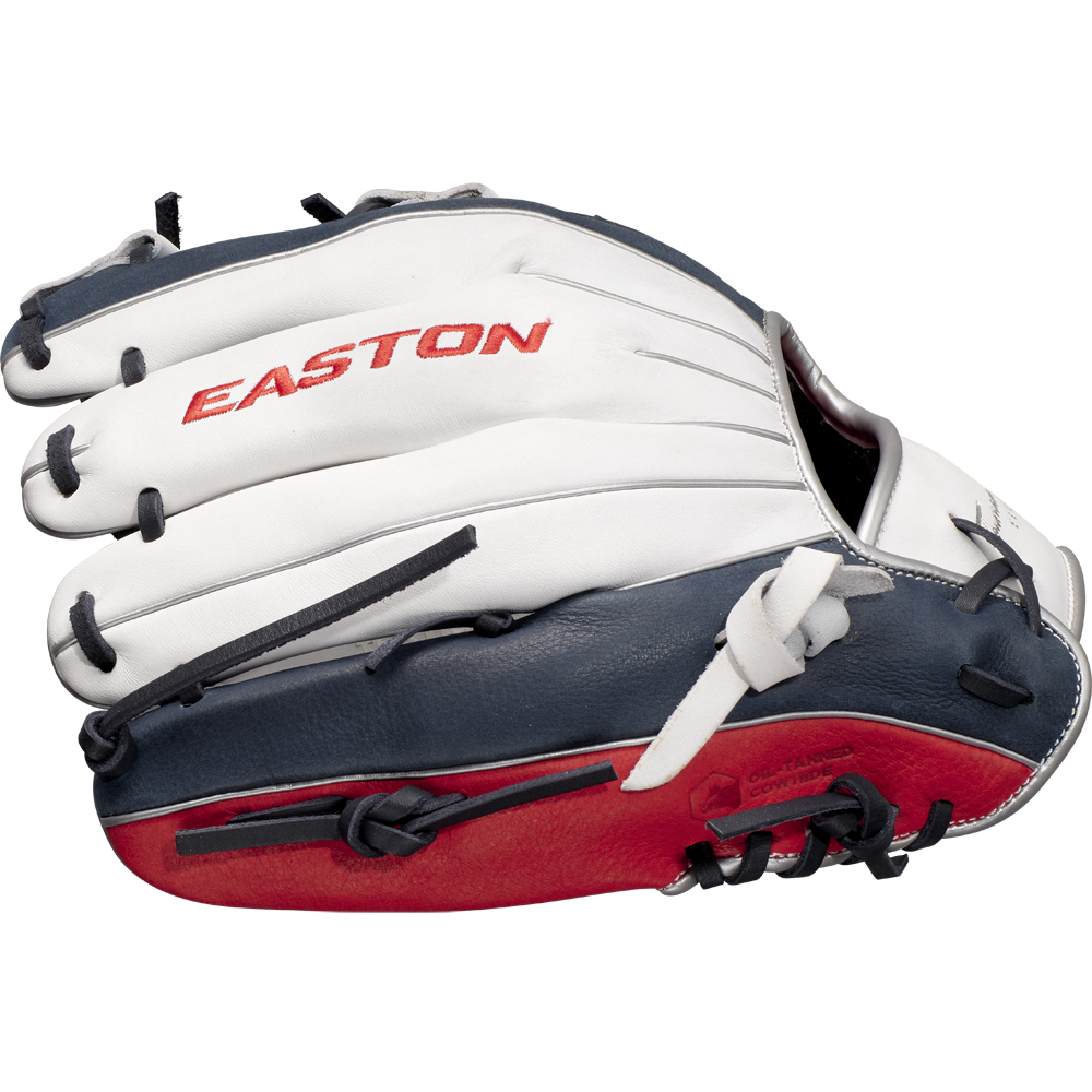 The Easton Tournament Elite 11.5" Baseball Glove: TEB115I, in white, navy blue, and red with black laces and a red Easton logo on the back, is shown palm down on a light gray background.