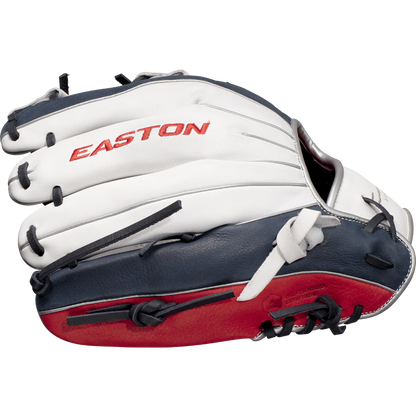 The Easton Tournament Elite 11.5" Baseball Glove: TEB115I, in white, navy blue, and red with black laces and a red Easton logo on the back, is shown palm down on a light gray background.