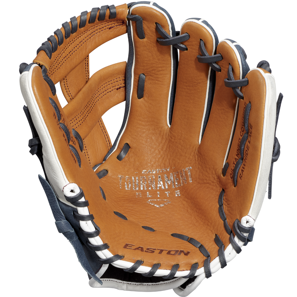 The Easton Tournament Elite 11.5" Baseball Glove (TEB115SP) features brown and tan leather with black and white laces, TOURNAMENT ELITE and EASTON labels on the palm, and a fully open pocket—ideal for young infielders.