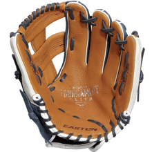 The Easton Tournament Elite 11.5" Baseball Glove (TEB115SP) features brown and tan leather with black and white laces, TOURNAMENT ELITE and EASTON labels on the palm, and a fully open pocket—ideal for young infielders.