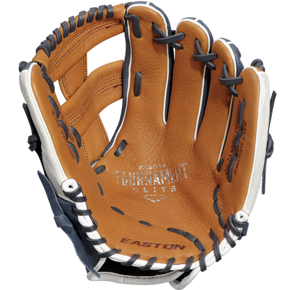 The Easton Tournament Elite 11.5" Baseball Glove (TEB115SP) features brown and tan leather with black and white laces, TOURNAMENT ELITE and EASTON labels on the palm, and a fully open pocket—ideal for young infielders.