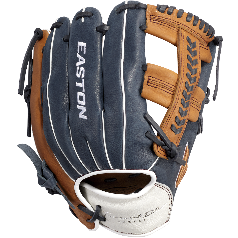 The Easton Tournament Elite 11.5" Baseball Glove (TEB115SP) is a navy blue and tan infield glove with white stitching, open web design, and the Easton logo on the back—perfect as a youth baseball glove for aspiring players.