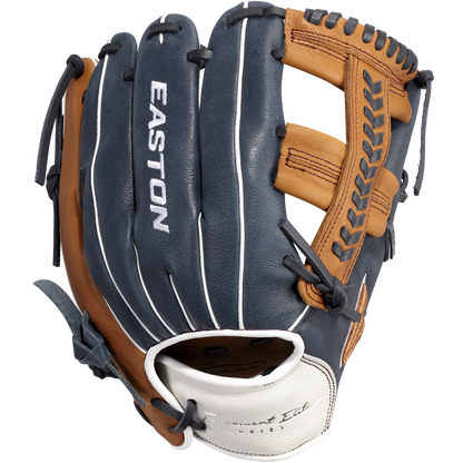 The Easton Tournament Elite 11.5" Baseball Glove (TEB115SP) is a navy blue and tan infield glove with white stitching, open web design, and the Easton logo on the back—perfect as a youth baseball glove for aspiring players.
