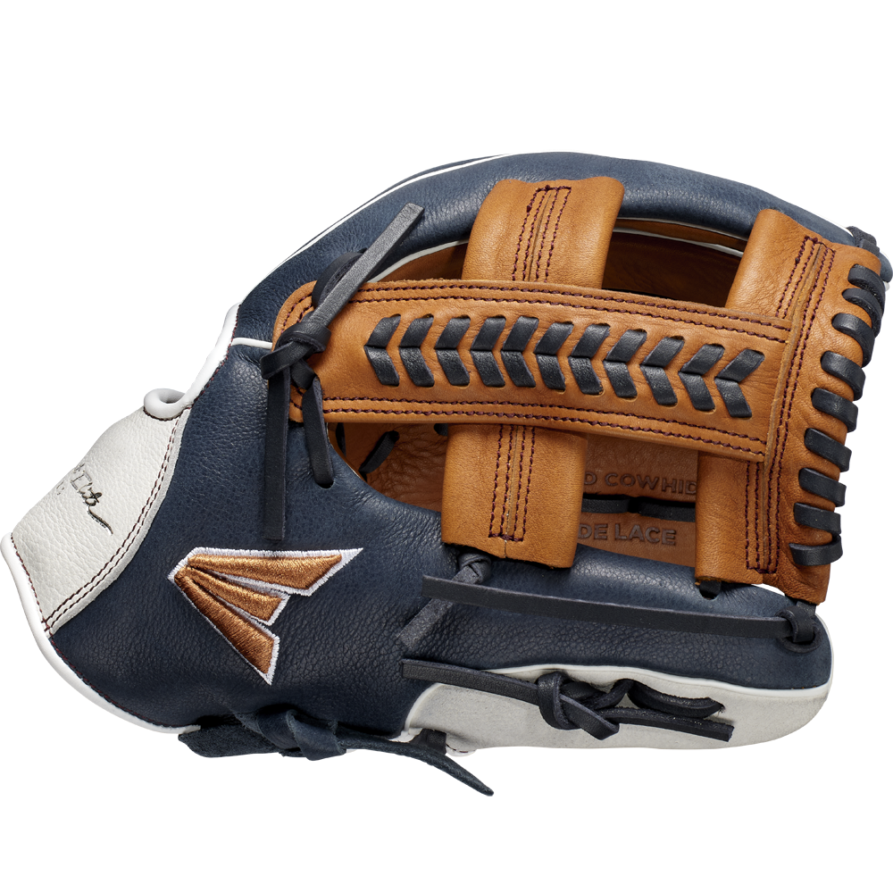 A close-up of the Easton Tournament Elite 11.5" Baseball Glove (TEB115SP) highlights its dark blue, tan, and white leather with black lacing and a woven pocket, showcasing detailed stitching and texture against a plain background.