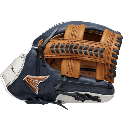 A close-up of the Easton Tournament Elite 11.5" Baseball Glove (TEB115SP) highlights its dark blue, tan, and white leather with black lacing and a woven pocket, showcasing detailed stitching and texture against a plain background.