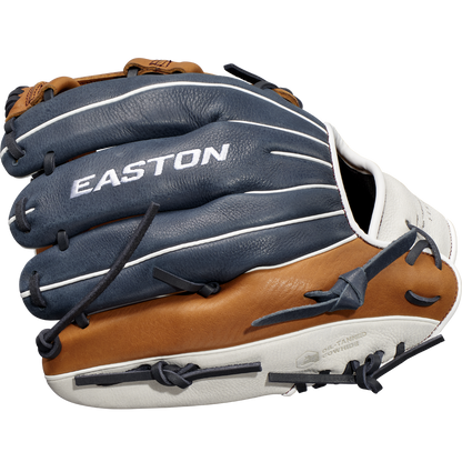 A blue, brown, and white Easton Tournament Elite 11.5" Baseball Glove (TEB115SP) with black lacing is shown from the side with folded fingers; the EASTON logo appears on the back.