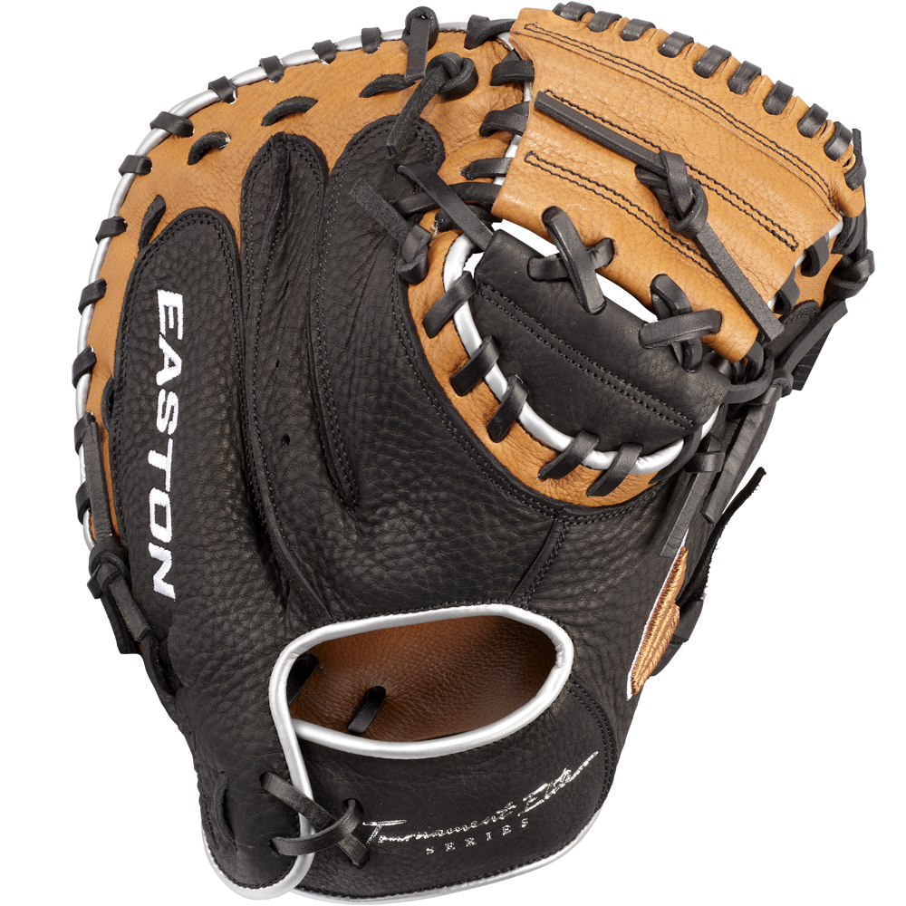 The Easton Tournament Elite 32.5" Baseball Catcher's Mitt: TEB2325 features a black and tan design with black lacing and "EASTON" in white on the thumb, plus detailed inner pocket stitching.