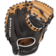 The Easton Tournament Elite 32.5" Baseball Catcher's Mitt: TEB2325 features a black and tan design with black lacing and "EASTON" in white on the thumb, plus detailed inner pocket stitching.
