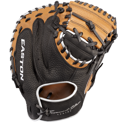 The Easton Tournament Elite 32.5" Baseball Catcher's Mitt: TEB2325 features a black and tan design with black lacing and "EASTON" in white on the thumb, plus detailed inner pocket stitching.