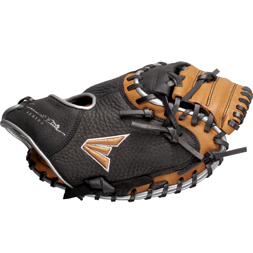 The Easton Tournament Elite 32.5" Baseball Catcher's Mitt: TEB2325 is a black and brown leather mitt with black laces, stitched logo, and detailed edge stitching, designed for youth players to catch baseballs.